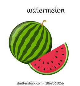 A whole watermelon and a cut slice of watermelon. Fruit, berry icon. Flat design. Color vector illustration isolated on a white background