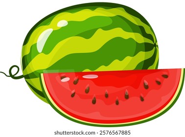 Whole watermelon featuring a vibrant slice cut out, revealing juicy red pulp, refreshing juice, and shiny black seeds, embodying the essence of summer and promoting healthy eating habits