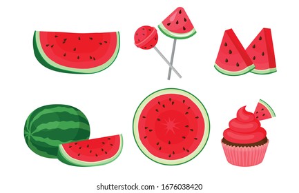 Fruta de la sandía entera con refrescante bebida de verano y conjunto de vectores de hielo de frutas