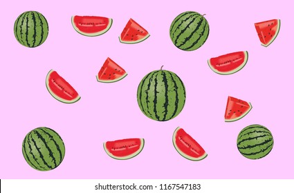 Whole Watermelon Fruit with a sliced part. Isolated on  pink background. 