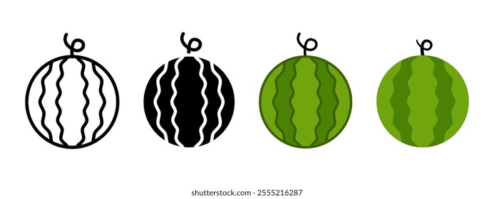 Whole watermelon icon. Water melon fruit symbol. Ripe and juicy circle watermelon vector illustration. Fresh whole watermelon fruit pictogram isolated.