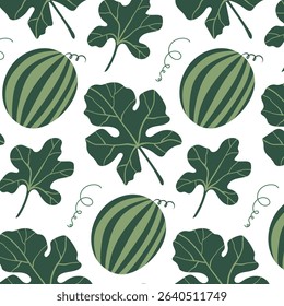 Whole Watermelon with Leaves Seamless Pattern, Summer background. Vector Illustrations