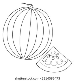 Una sandía entera y un dibujo continuo de una línea de sandía. Watermelon berry frutal Vector ilustración.