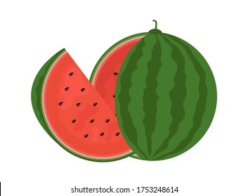 A whole watermelon and a piece of ripe watermelon. Fresh summer berry icon. White background. Vector