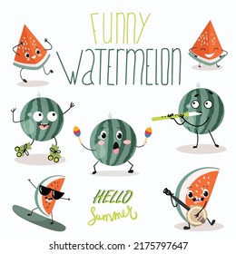 Whole watermelon and watermelon pieces are cute funny characters with different poses and emotions, musical instruments, on the surf and roller skates. Vector illustration, set. Healthy food.