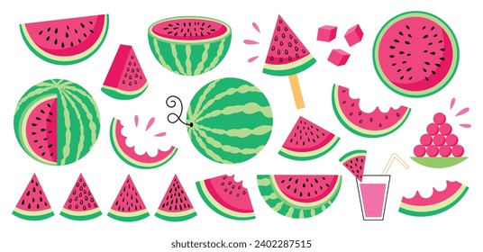 Whole watermelon and pieces. Juicy bright fruit, healthy diet sweet berry, different cutting, red, green striped with seeds, vector set.eps
