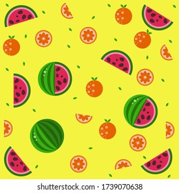 a whole watermelon and pieces of watermelon and oranges on a yellow background