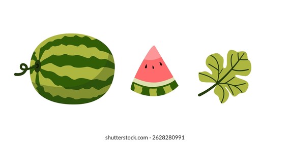Whole watermelon, watermelon slice, and green leaf isolated on white background. Flat vector illustration.