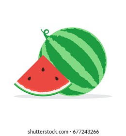 Whole watermelon and slice of watermelon icon. Vector illustration in flat design isolated on white