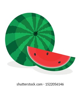 A whole watermelon and a slice of watermelon with seeds vector flat design material isolated on white