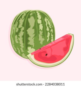 Whole watermelon and its slice. Summer sweet fruits. Food icons.