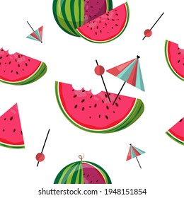 Whole watermelon and slices with cocktail umbrella and straw. seamless pattern. Summer time, summer vacation