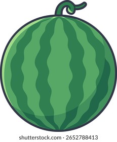 Whole watermelon with striped rind and curly stem. Cute vector fruit in cartoon style.