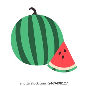 Whole Watermelon and triangular piece. Art of summer red striped fruit with seeds in doodle style. Healthy vegan food. Sweet ripe berry. Cut slice. Vitamins. Vector illustration