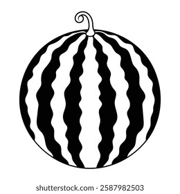 Whole watermelon vector illustration. Fruit icon in doodle style. Black outline isolated on white background.