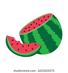 Sandía entera. Ilustración vectorial de una rodaja de sandía y una fruta entera madura. Icono coloreado