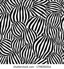 Whole watermelons seamless pattern. Striped rind. Black and white vector illustration.