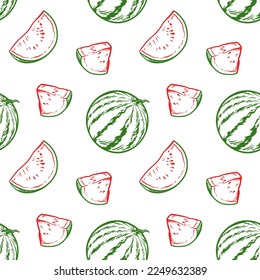 Whole watermelons and watermelon slices. Seamless pattern with watermelons. Vector illustration.