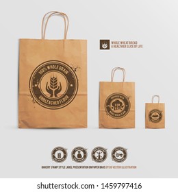 whole wheat bread brand identity mock up set, bakery stamp style label presentation on paper shopping bags, the logotype stamps on the realistic mockup bags contain transparencies, vector illustration