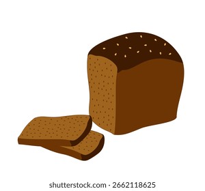 Pão de trigo integral. Pão de centeio escuro cortado em fatias sobre um fundo branco. Comida, assar. Ilustração vetorial.