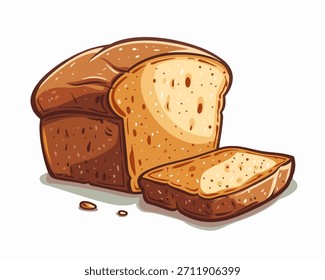 Whole wheat bread loaf sliced cartoon vector illustration isolated on white background. Golden-brown crust, loaf cut in half, fluffy texture and small grains within. Wholesome and nutritious appeal 