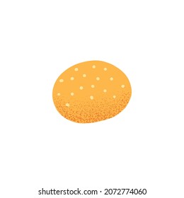 Whole wheat bun with sesame seeds. Small round bread. Cereal roll. French fresh bakery in doodle style. Colored flat vector illustration isolated on white background