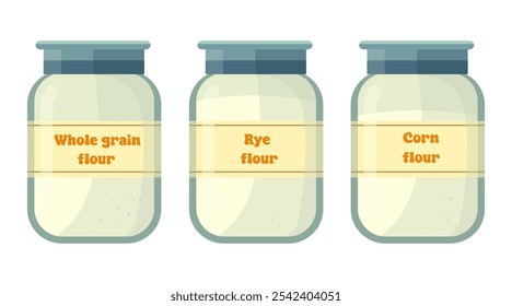 Whole wheat flour, rye flour, corn flour, can of flour, bakery, bread, loaf, rolls, vector illustration