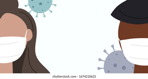 Whole world battles Coronavirus outbreak. Human pandemic. Coronavirus 2019-nC0V Outbreak. Web banner with people in masks and copyspace