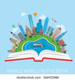 Whole world in the book flat style modern concept web vector illustration collage. Abstract city horizon view skyscrapers park lake boat wide open book spread. Power of education knowledge conceptual.