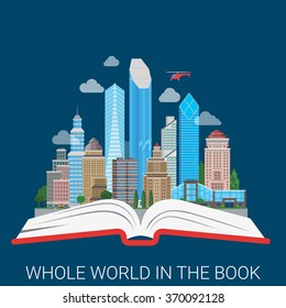 Whole world in the book flat style modern concept web vector illustration collage. Abstract city horizon view skyscrapers business center wide open book spread. Power of education knowledge conceptual