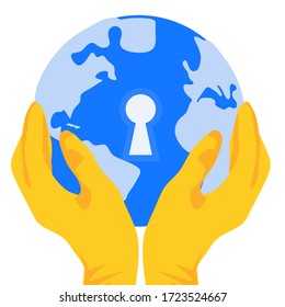 The whole world is under lock and key. Concept of a hand in protective gloves holding a globe on a white background.