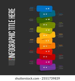 Whole year infographic template with stacked rainbow color blocks on dark background. Fresh color block for each month of the year infochart template.