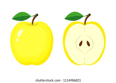 Whole yellow apple and half apple slice vector illustration isolated on white background.