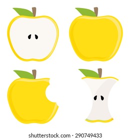 Whole yellow apple, half apple, apple stump and bitten apple vector set, healthy food, fresh fruit