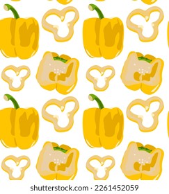 Whole yellow bell pepper, pepper cloves and pepper cut in half. Seamless pattern in vector. Natural product. Diet food.