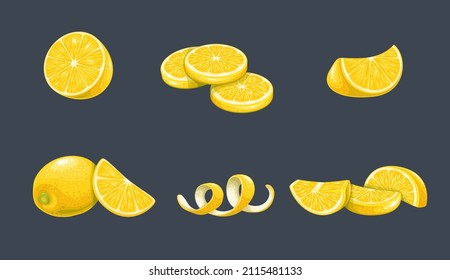 Whole yellow lemon with lemon fruit slice, round slices. Lemon peel spiral. Pieces of lemon citrus fruit, vector illustration.