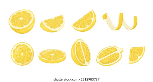 Limón amarillo entero con trozo de fruta de limón, rodajas redondas. Gran juego de limón. Piezas de cítricos limoneros, ilustración vectorial. 