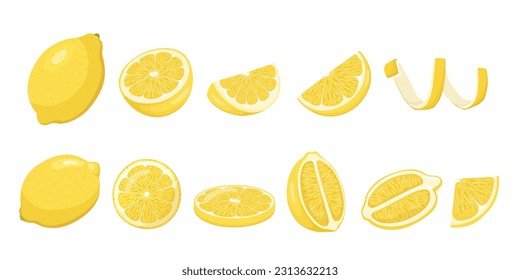 Whole yellow lemon with lemon fruit slice, round slices. Lemon peel spiral. Pieces of lemon citrus fruit, vector illustration. 