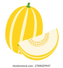Whole yellow oriental melon and a cut slice vector illustration isolated on white background.