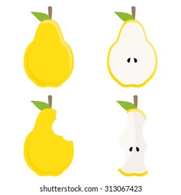 Whole yellow pear, half pear, pear stump and bitten pear vector set, healthy food, fresh fruit. Vector icon set with yellow pear