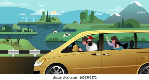 The whole young family goes on a summer vacation trip in a minivan out of town. Vector Flat Illustration.