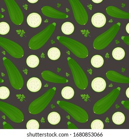 Whole zucchini and zucchini slices isolated on dark background. Ripe zucchini with parsley leaves. Vector illustration. Seamless pattern.