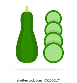 Whole zucchini and slices of zucchini vector flat material design isolated on white