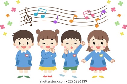 Whole-body illustration of a kindergarten, nursery school child, and a child with a chorus and singing smile