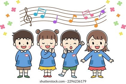 Ilustración de un jardín de infantes, un niño de la escuela infantil y un niño con una sonrisa coro y cantante