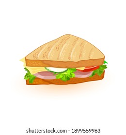Wholegrain bread with cucumber, tomato, cheese, lettuce and bacon ingredients. Vector quick toast lunch, morning breakfast, healthy eating design isolated on white background