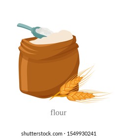 Wholemeal flour flat vector illustration. Open sack with white powder, wooden scoop and wheat spikelet composition. Natural product, organic pastry, dough ingredient. Bakery, bakehouse symbol