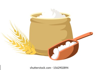 Wholemeal flour flat vector illustration. Open sack with white powder, wooden scoop and wheat spikelet composition. Natural product, organic pastry, dough ingredient. Bakery, bakehouse symbol