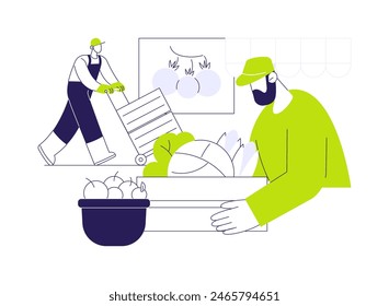 Wholesale fruit market abstract concept vector illustration. Group of market workers putting fresh vegetables and fruits, food industry, agriculture and farming sector abstract metaphor.