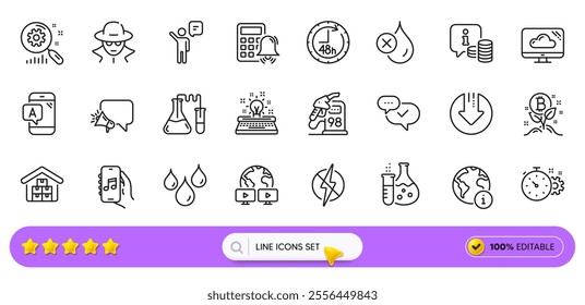 Wholesale goods, Ab testing and Antistatic line icons for web app. Pack of Chemistry lab, Download arrow, Info pictogram icons. Bitcoin project, 48 hours, Waterproof signs. Search bar. Vector